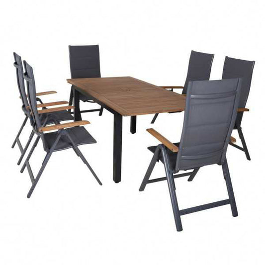 Set mobilier de gradina, 1 masa si 6 scaune, lemn de salcam dur si cadru aluminiu, Hecht Montana