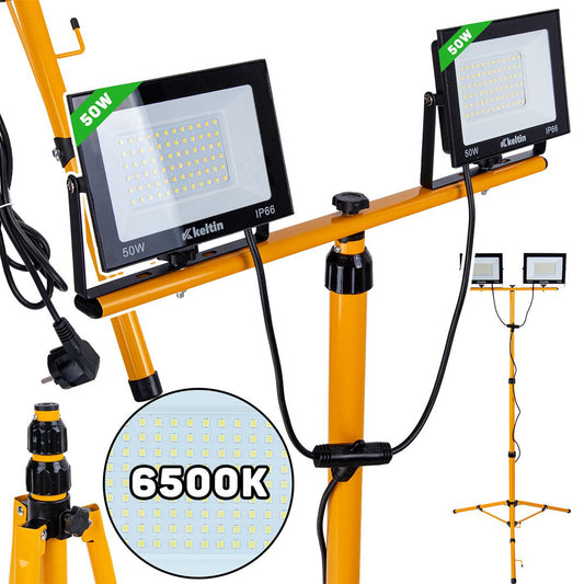 Proiector LED 2 x 50 W cu trepied telescopic, alb rece, 6500 K, Keltin K02053
