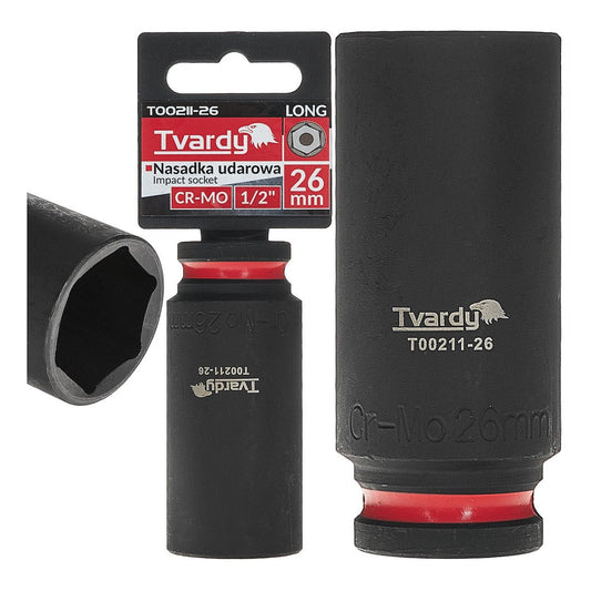 Cheie tubulara de impact lunga in 6 puncte 1 / 2", 26 mm, Cr-Mo, Tvardy T00211-26