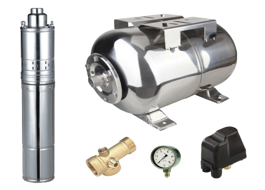 Kit complet sistem hidrofor, pompa submersibila cu surub Maxima 4QGD 0.37/24, rezervor 24 litri din inox, racord 5 cai, 03034020/24I