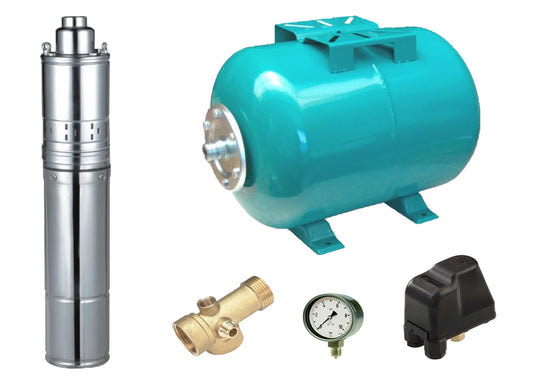 Kit complet sistem hidrofor, pompa submersibila cu surub Maxima 4QGD 0.5/50, rezervor de 50 litri, presostat, racord 5 cai, 03034014/50
