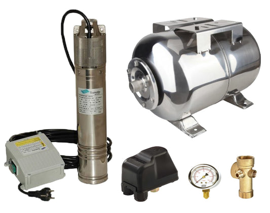 Kit complet sistem hidrofor, pompa submersibila SUMOTO ONKM150/24, rezervor de 24 litri din inox, presostat, racord 5 cai, manometru, SM0071/24I