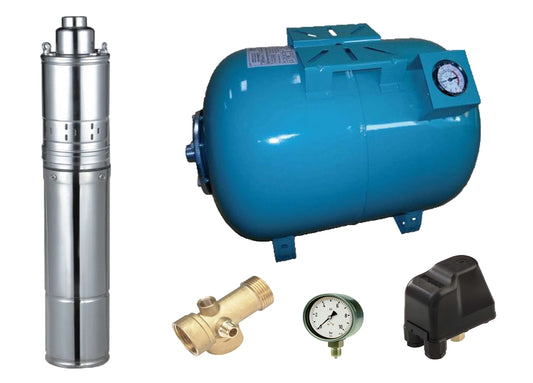 Kit complet sistem hidrofor, pompa submersibila cu surub Maxima 4QGD 0.75/100, rezervor de 100 litri cu manometru, presostat, racord 5 cai, manometru, 03034015/100M