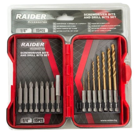 Set biti si burghie pentru surubelnita 15 piese, Raider 157795