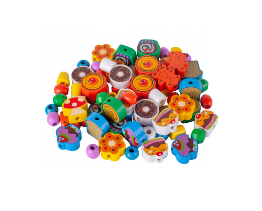 Set prajiturele de lemn cu margele, 70 piese, MalPlay 108906