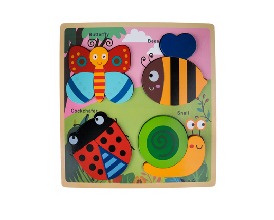 Puzzle din lemn buburuza, fluture, albina, melc, 15 piese, MalPlay 109712