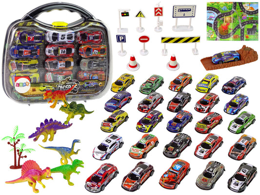 Set masini sport cu dinozauri, metal/plastic, multicolor, 43 piese, Lean 12244