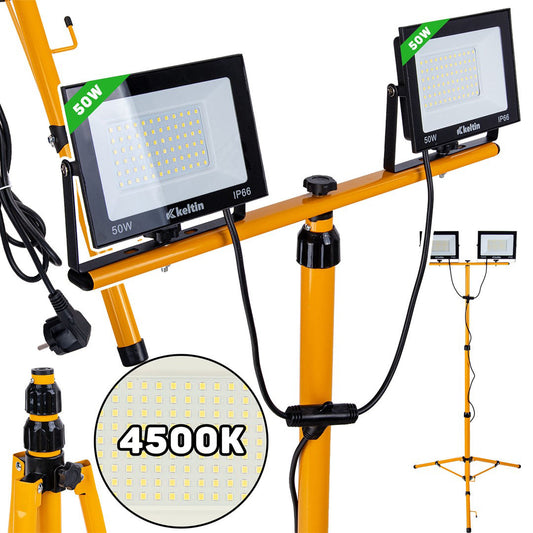 Proiector LED 2 x 50 W cu tepied telescopic pentru constructii, alb neutru, 4500 K, Keltin K02054