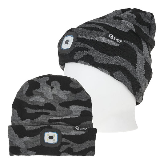 Caciula de iarna cu lanterna LED reincarcabila, camuflaj, Geko G90411