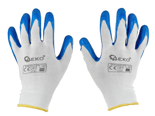 Manusi de protectie din poliester si acoperite cu latex, marimea 8, alb / albastru, Geko G75047