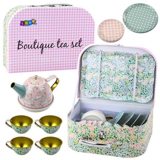 Set de ceai metalic pentru copii, 15 piese, design floral, 26 x 18.5 x 11 cm, Lean 25104