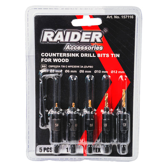 Set burghie pentru lemn 1 / 4" HEX, Ø5, 6, 8, 10, 12 mm, 5 bucati, Raider 157116