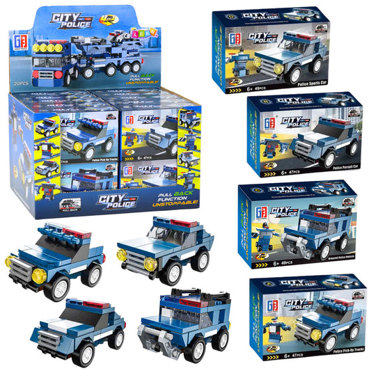 Set de constructie masina de politie, 47-49 piese, mecanism pull-back, 13 x 8.5 x 4 cm, Lean 24569