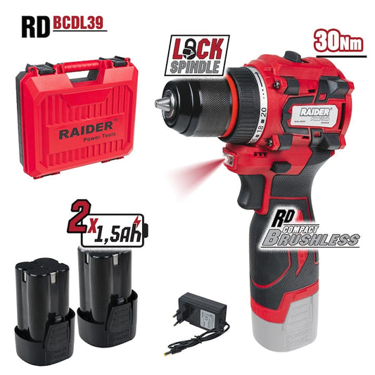 Masina de gaurit si insurubat RD-BCDL39 fara perii, 16V, 2 viteze, 2 baterii x1, 5Ah, Raider 030189