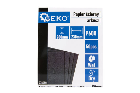 Set hartie abraziva pe baza de apa, 230 x 280 mm, P600, 50 bucati, Geko G78490