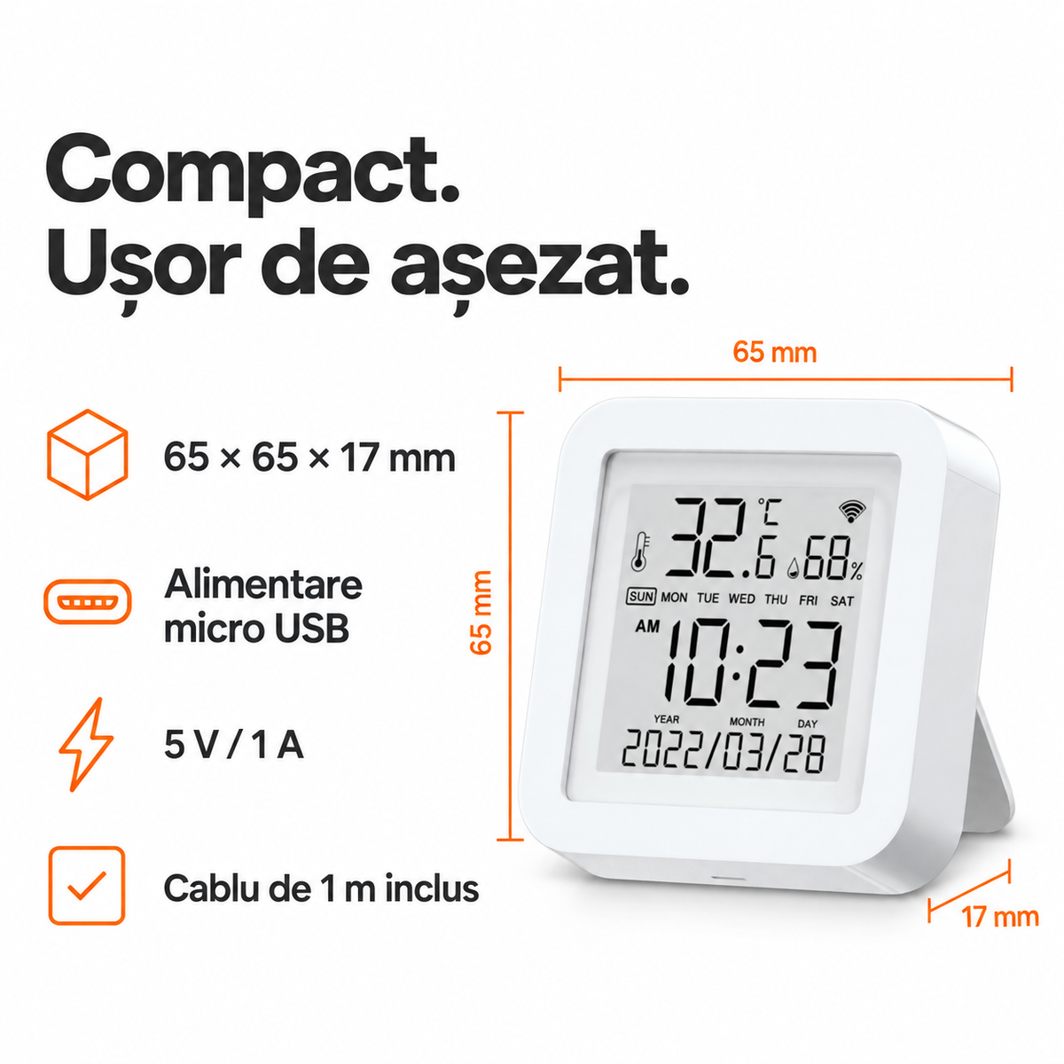 Dimensiuni Harder HD0084: 65 × 65 × 17 mm, alimentare micro USB 5 V / 1 A și cablu de 1 m