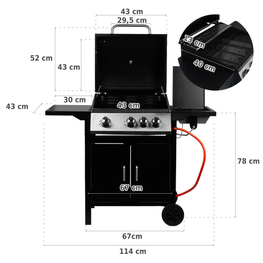 Gratar de gradina pe gaz 3 + 1 cu capac 11.6 kW, MalTec 109084