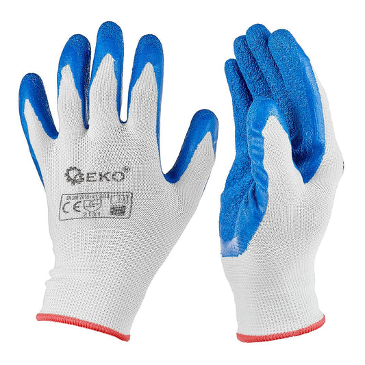 Manusi de protectie din poliester si acoperite cu latex, marimea 7, alb / albastru, Geko G75046