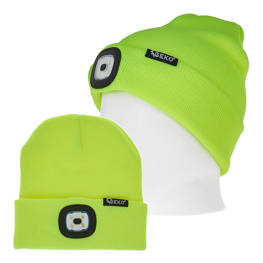 Caciula de iarna cu lanterna LED reincarcabila, verde neon, Geko G90409